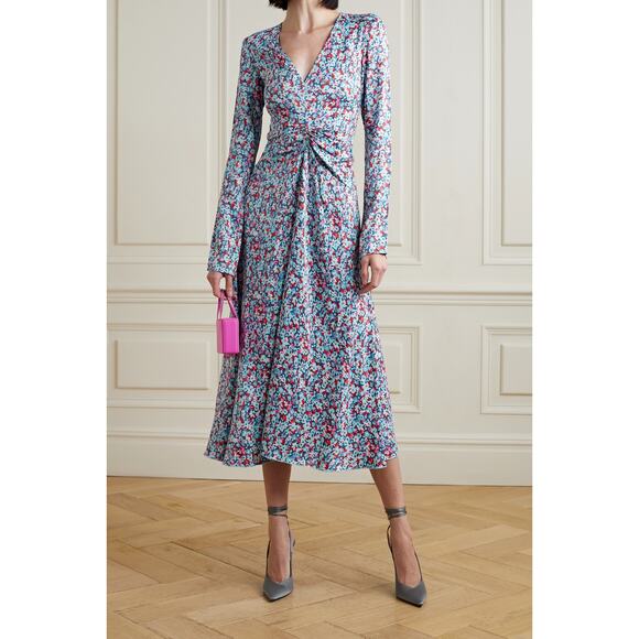 NEW ROTATE Birger Christensen Sierra Ruched Floral Satin Midi Dress Size 10 - Picture 1 of 10